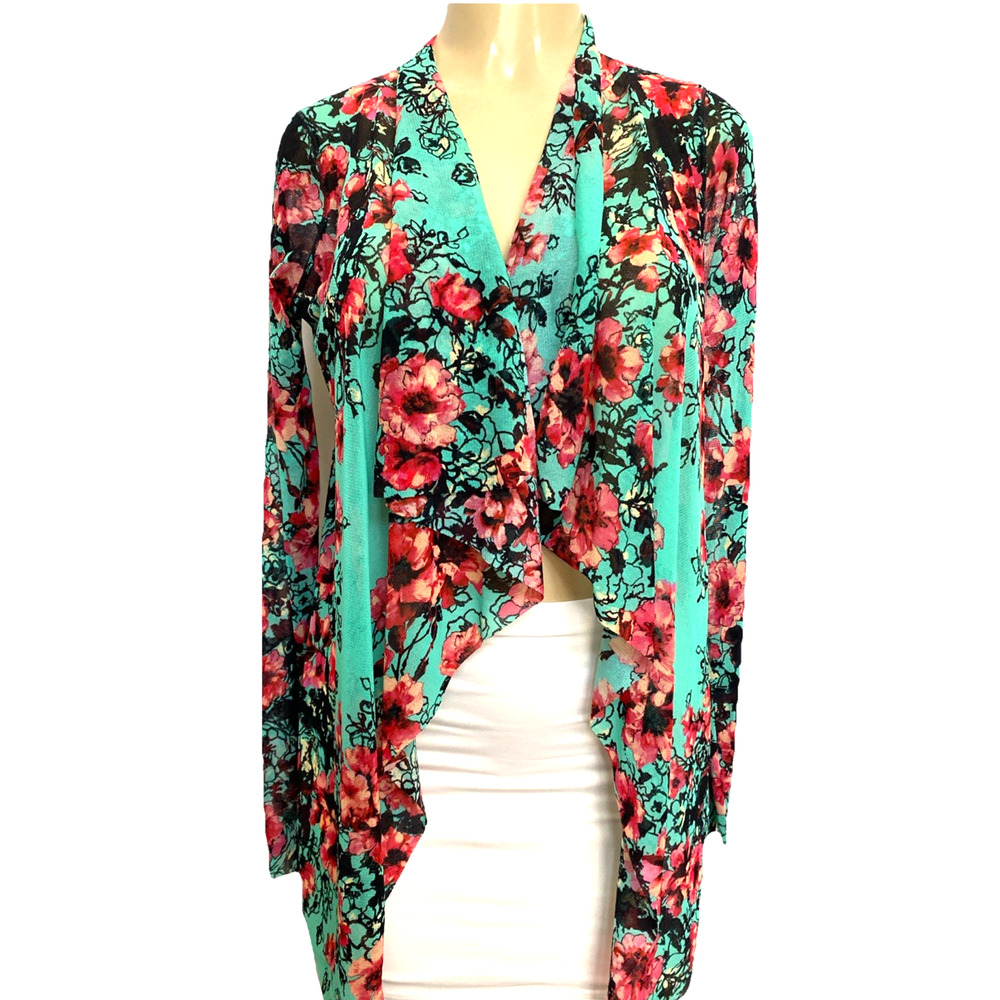 Fuzzi Open Cardigan Top Tulle Floral Blue Pink Mesh Long Sleeve Draped B…